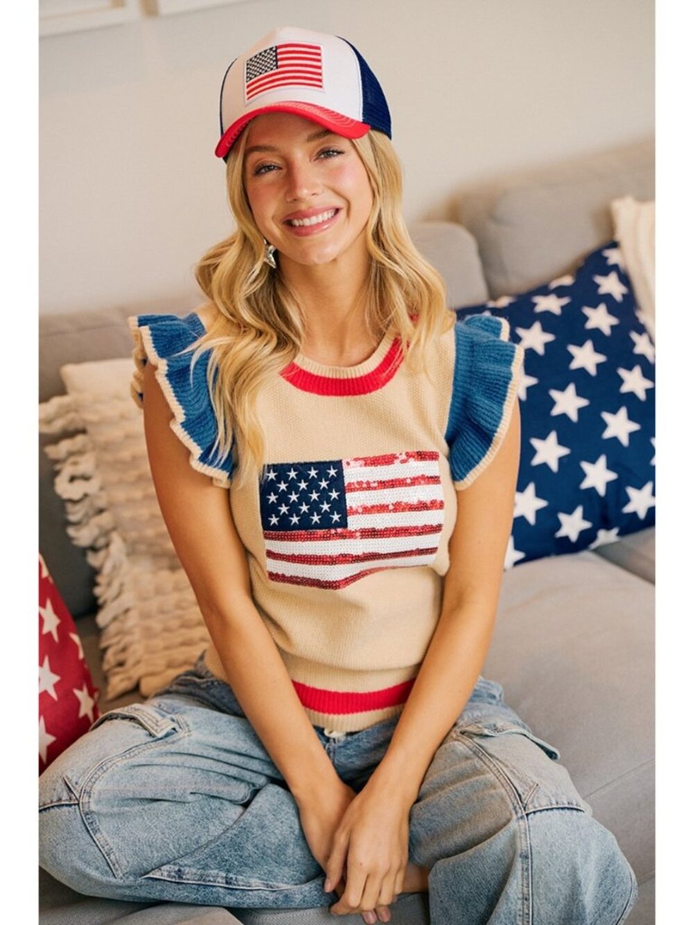 Americana Sequin Flag Knit Sweater Top NWT - Picture 5 of 10